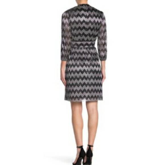 Eliza J.  Black/Silver Metallic Chevron Faux Wrap Dress Sz 14 - Picture 3 of 14